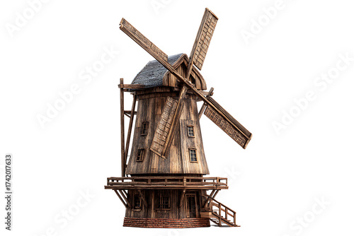 Traditional wooden post windmill with four sails and an exterior deck, isolated on a transparent background.
