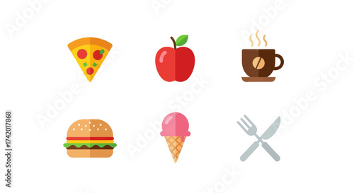 A collection of popular fast food and sweet treat icons, including pizza, apple, coffee, burger, ice cream, and cutlery.