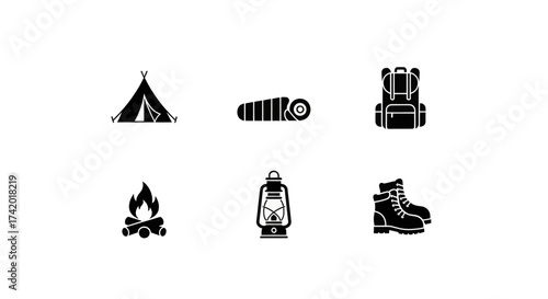 Essential camping gear icons for outdoor adventure and exploration