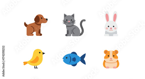 Charming collection of cute cartoon pets including a dog, cat, bunny, bird, fish, and hamster.