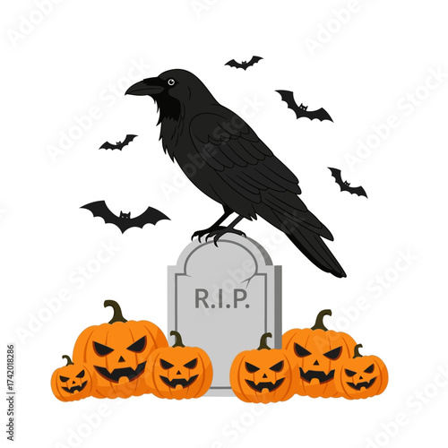 A black crow perches on a tombstone surrounded by jack-o'-lanterns and bats for Halloween.