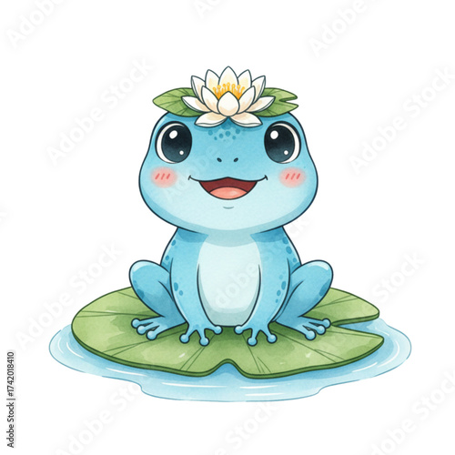 Adorable blue frog with a water lily crown sitting serenely on a lily pad, perfect for children's books, greeting cards, or cute animal designs