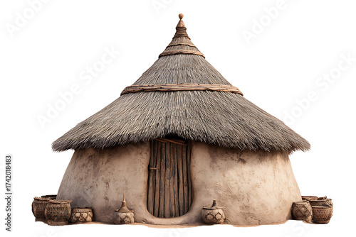 Traditional African mud hut or round house with a conical thatched roof and a wooden door, isolated on a transparent background.