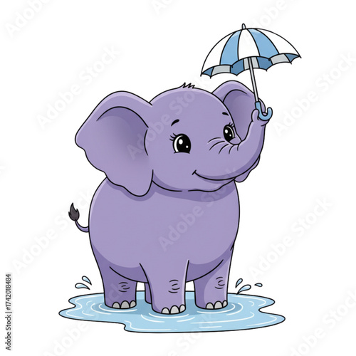 Adorable cartoon elephant cheerfully holding a blue umbrella stands happily in a puddle, a whimsical illustration perfect for children's designs