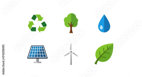 Icons representing environmental conservation and renewable energy sources