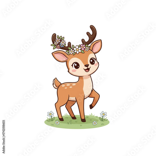 Adorable fawn with floral crown prancing in meadow, a charming springtime illustration perfect for children's products and whimsical designs