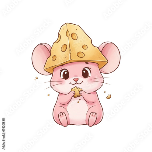 Adorable pink mouse wearing a cheesy hat and nibbling a snack, perfect for children's books, playful designs, and lighthearted projects, whimsical and fun