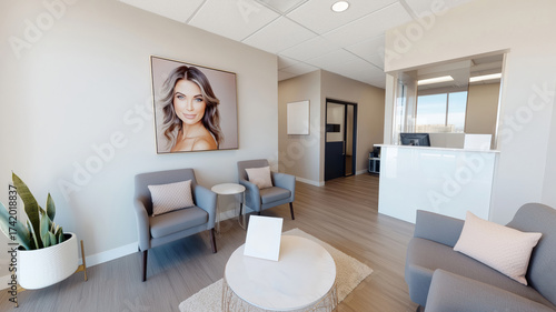 Modern and Inviting Office Interior with Artistic Portrait and Stylish Seating Arrangement for Professional Use