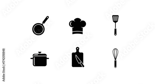 Collection of essential cooking utensils and chef's hat, graphic icons for culinary themes