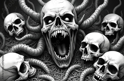 Monstrous skull screams surrounded by dead heads and grasping tendrils. Dark illustration portrays terror, chaos, and death with detailed anatomy and a grotesque expression of agony.