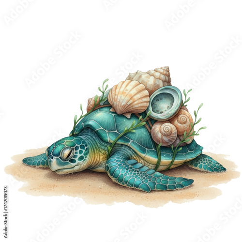 Adorable turtle carries a treasure trove of seashells, perfect for whimsical designs, children's illustrations, or marine-themed artwork, exuding charm