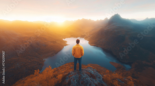 A Solitary Figure Overlooking a Serene Mountain Lake at Sunrise Amidst Majestic Peaks