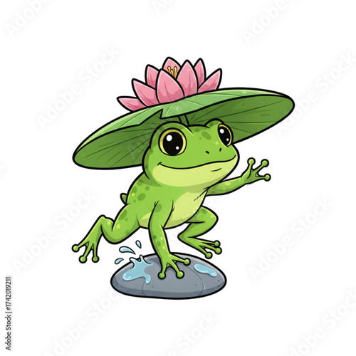 Cheerful cartoon frog with water lily hat, hopping on a stone, cute amphibian character, vector illustration perfect for children's books and educational materials