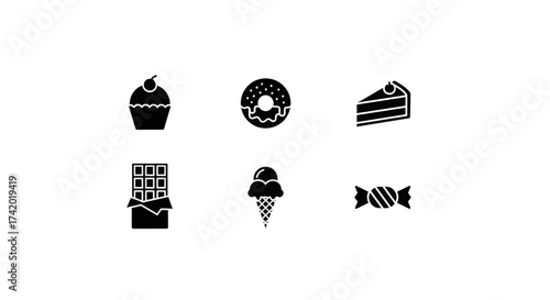 Collection of sweet treat icons, from cupcakes to ice cream, on a clean white background.