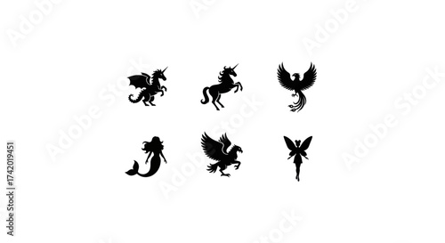 Collection of mythical creature silhouettes including dragon, unicorn, phoenix, mermaid, griffin, and fairy
