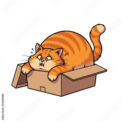 Hilarious cartoon cat struggles to fit inside cardboard box, looking nervous and sweaty - perfect for humorous animal content and relatable memes
