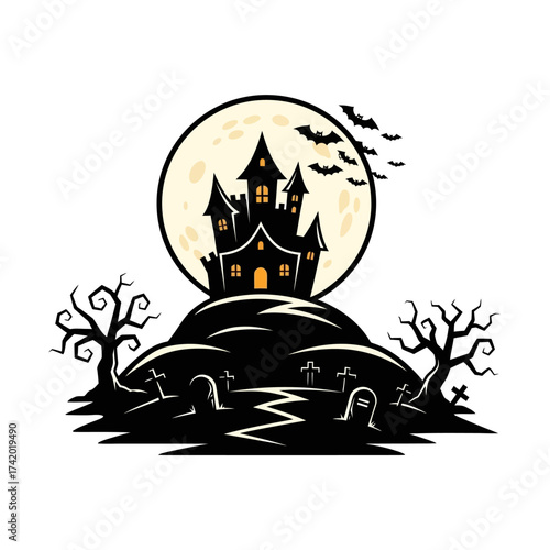 Spooky haunted house on a hill with a full moon, flying bats, bare trees, and gravestones, perfect for Halloween.