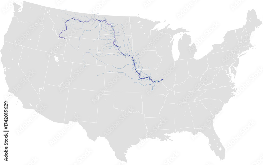 Obraz premium Missouri river system – rivers vector map of United States highlighting main stem and primary tributaries (AEA projection, scaled by river size, PPT-compatible, multi-layered & fully editable)