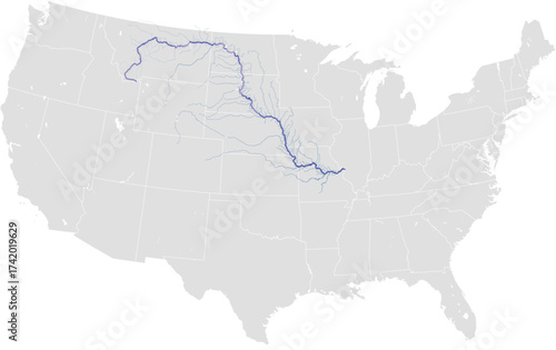 Missouri river system – rivers vector map of United States highlighting main stem and primary tributaries (AEA projection, scaled by river size, PPT-compatible, multi-layered & fully editable)
