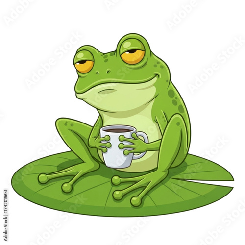 Relaxed cartoon frog sipping coffee on a lily pad conveys peaceful morning vibes, perfect for humorous designs or nature-themed projects, originally vector