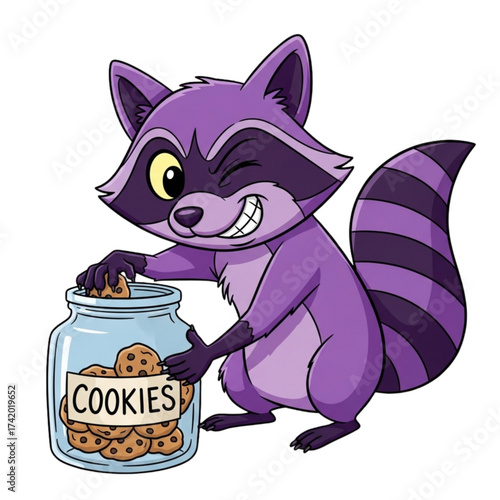 Mischievous raccoon winking while stealing cookies from a jar illustration, perfect for children's books and playful designs, vector based