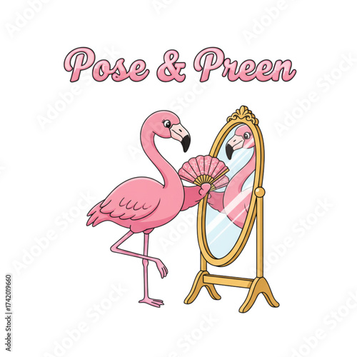 Pink flamingo striking a pose, admiring herself in a vintage mirror while holding a fancy fan, perfect for whimsical designs and cute illustrations.