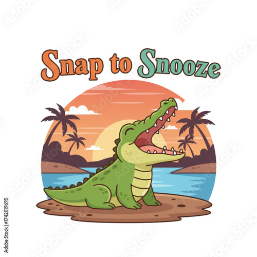 Whimsical cartoon crocodile yawning on a tropical island at sunset ready for a nap, a fun and playful design for kids or travel themes