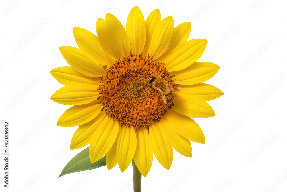 Obraz premium Bumblebee collecting nectar on a bright yellow sunflower, symbolizing nature's pollination process on transparent background