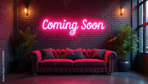 A dimly lit room with a brick wall features a bright pink neon sign that reads Coming Soon. A plush red sofa sits below, flanked by potted plants, creating a lounge atmosphere for events or launches.