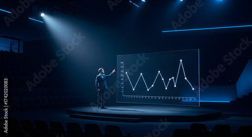 A professional speaker presents a dynamic holographic data graph on a dark stage, illustrating complex business trends and future strategies to an unseen audience.