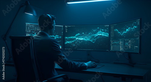 A focused professional analyzes complex financial data across multiple glowing blue screens in a dark, high-tech office environment.
