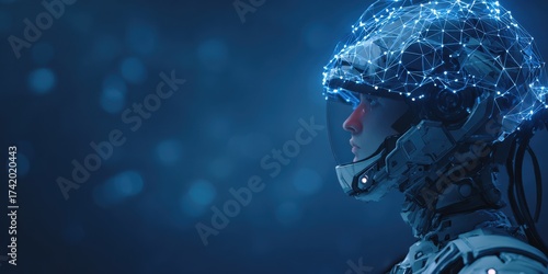 Wallpaper Mural A futuristic investigation helmet equipped with threat assessment algorithms analyzes surroundings. The background is dark blue, highlighting its advanced technology and design. Torontodigital.ca