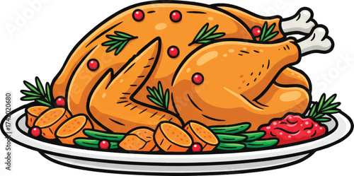 Thanksgiving day Roasted Turkey Dinner Vector Illustration