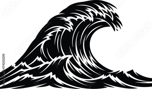 Stylized ocean wave in a Japanese woodcut style, a powerful sea vector illustration