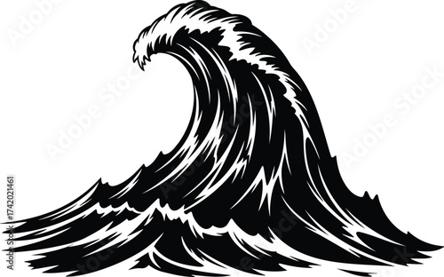Large ocean wave cresting, a powerful stormy sea in a vintage woodcut style vector illustration.