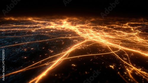 Glowing lines and wires intertwine against a dark background, creating an abstract representation of a power grid. The vibrant colors enhance the visual depth and design.