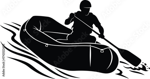 Whitewater rafting adventurer paddling an inflatable boat on rapids, vector silhouette