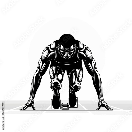 Dynamic monochrome illustration of a determined sprinter poised at the starting block, exuding power and focus ready for competition or achieving peak performance