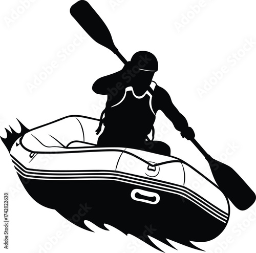 Whitewater rafter in an inflatable boat, paddling on a river vector silhouette