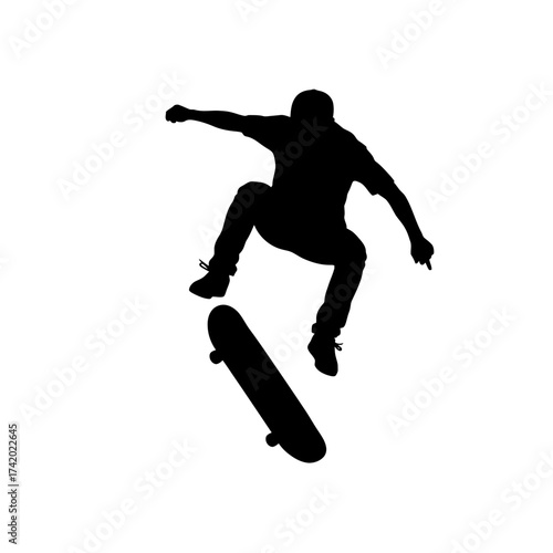 Dynamic skateboarder silhouette executing trick against white backdrop, perfect for sports branding and urban lifestyle campaigns, conveying action and energy