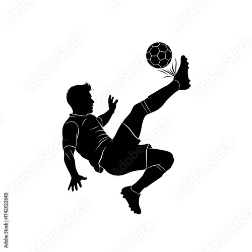 Dynamic soccer player silhouette executing a powerful overhead kick with precision, embodying athleticism and skill for sports marketing and team spirit visuals.