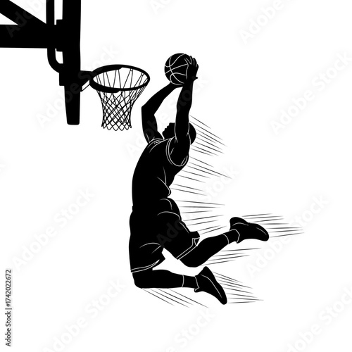 Dynamic basketball player soaring for a slam dunk with incredible speed and agility, a silhouette conveying power, action, and athletic prowess in sports