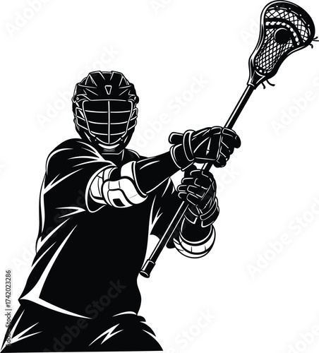 Lacrosse player in full gear aiming to shoot, a powerful sports mascot vector illustration