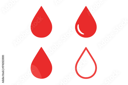 Blood drop icon set. Health care and medical concept. Red liquid drop symbol for donation, laboratory analysis or test. Vector illustration isolated on white background.