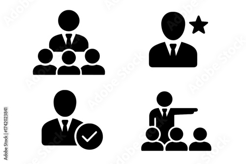 Employee management and leadership icon set. Business team, hierarchy, and human resources concepts. Vector icons for recruitment, staff selection, and team management.