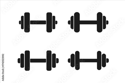 Dumbbell icon vector set for weight training, fitness, and bodybuilding. Black silhouette gym equipment symbol collection. Muscle lifting graphic. Isolated illustration.