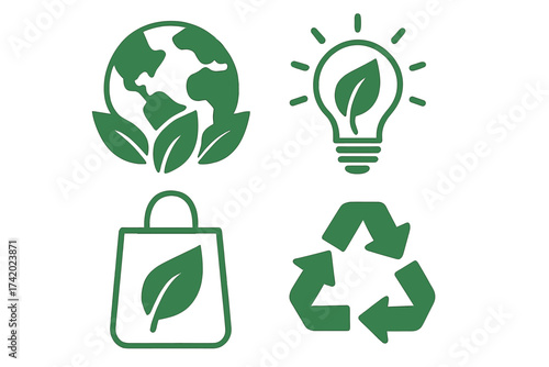 Eco friendly icon set. Green energy, recycling, and sustainable shopping symbols. Ecology, environment, and conservation concept. Planet earth and natural resources vector illustration.