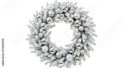 Flocked white Christmas wreath with silver baubles isolated on a transparent background image