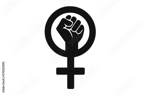 Feminism symbol raised fist. Women power, gender equality sign. Female rights movement concept. Activist protest. Girl power icon. Black vector silhouette illustration.