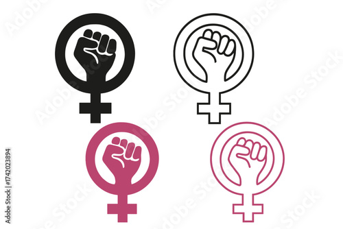 Feminism symbol with raised fist vector icon set. Female gender sign for women's rights protest and girl power. Equality, empowerment, and feminist movement graphic element.